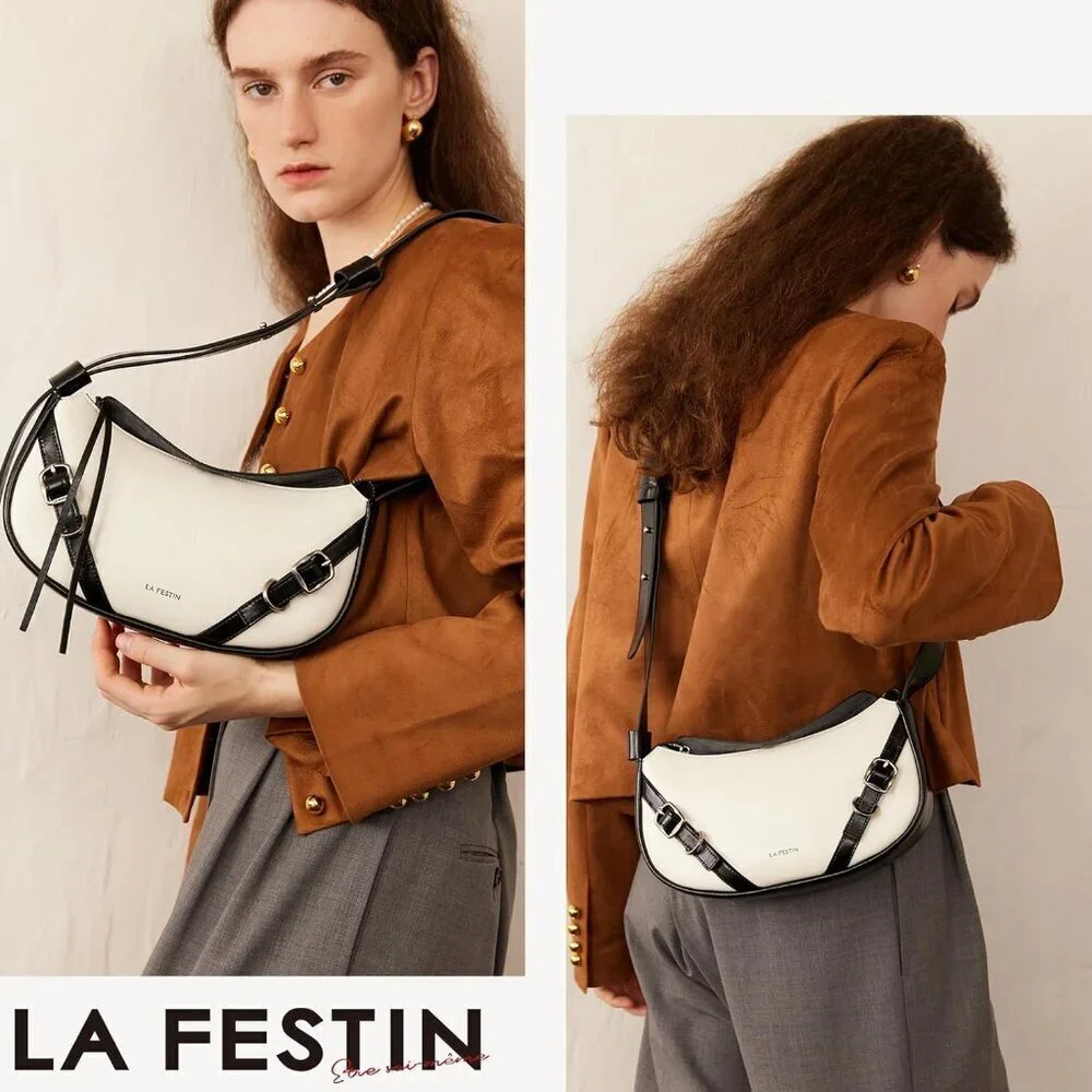 Women Cream White Soft Leather and polyester  Hobo Bag with Adjustable Strap
